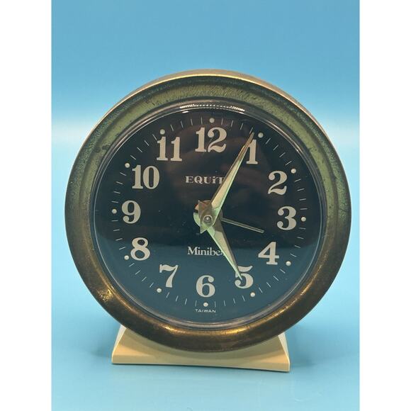 Vintage Equity Minibell Wind-Up Alarm Clock Black Gold Retro Cream Base - Picture 1 of 7
